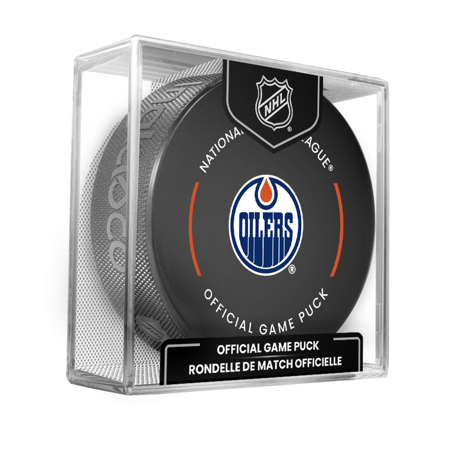Edmonton Oilers 2023-24 NHL Official Game Puck with Display Case product image 1, provided for visual reference and product