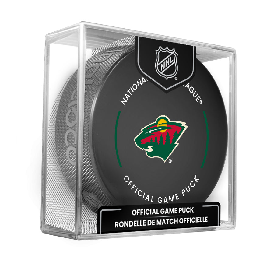 Minnesota Wild 2023-24 NHL Official Game Puck with Display Case product image 1, provided for visual reference and product
