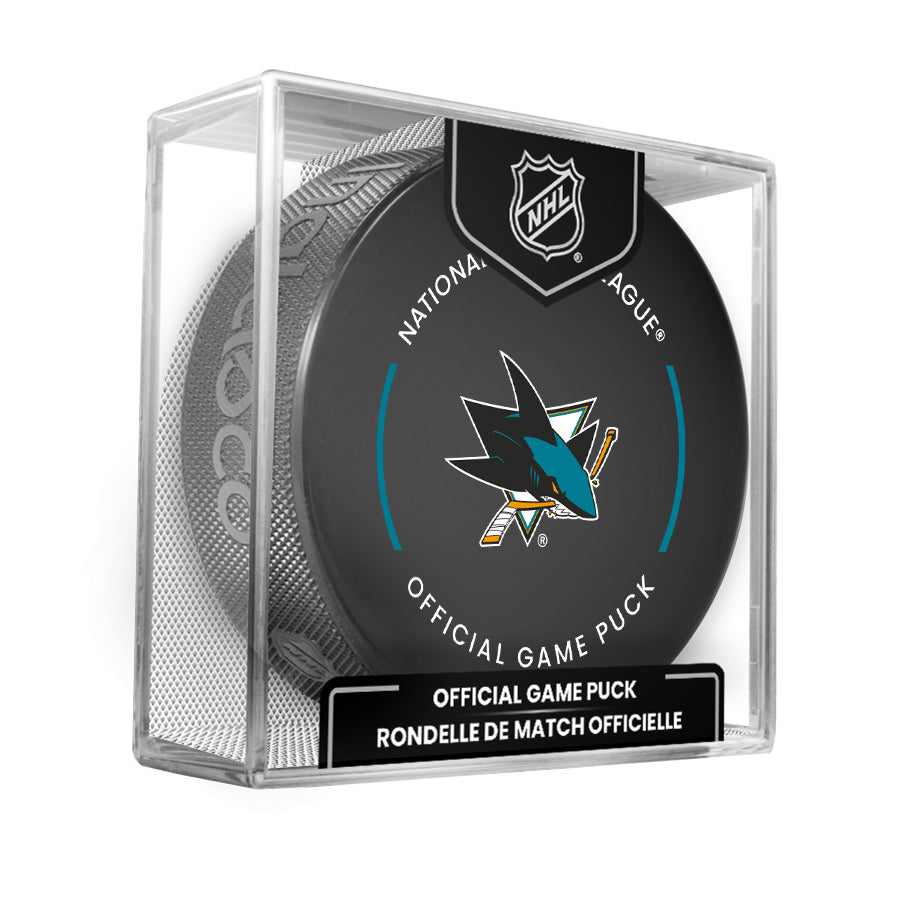 San Jose Sharks 2023-24 NHL Official Game Puck with Display Case product image 1, provided for visual reference and product
