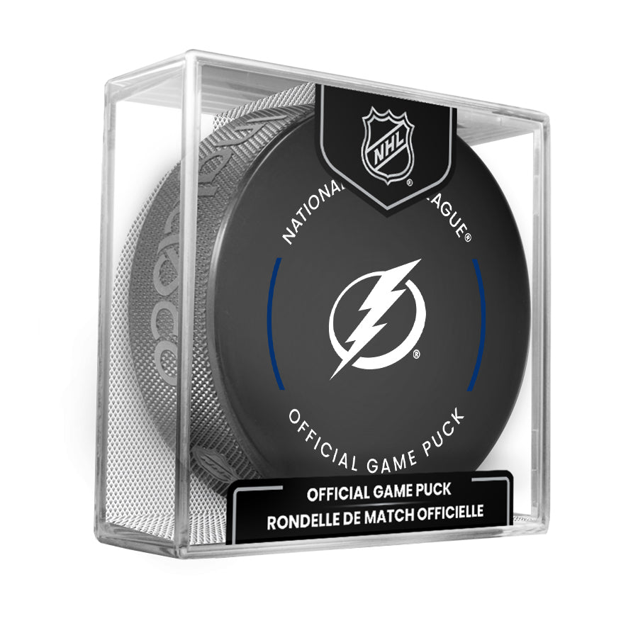 Tampa Bay Lightning 2023-24 NHL Official Game Puck with Display Case product image 1, provided for visual reference and