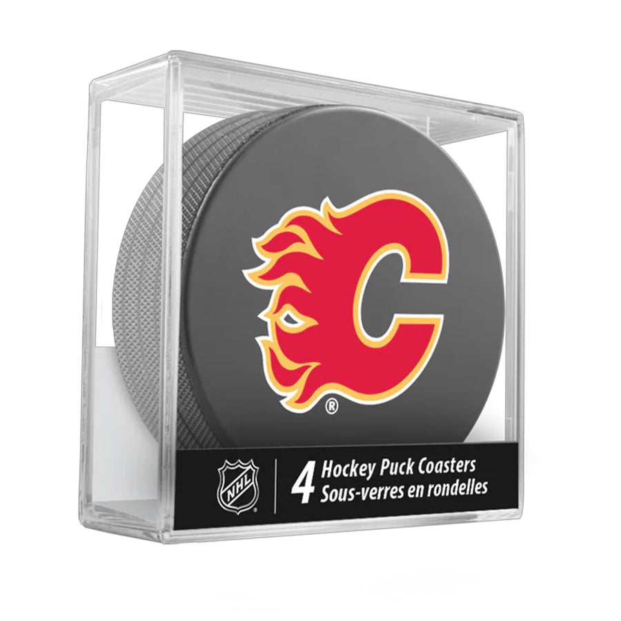 Calgary Flames Team Logo Hockey Puck Drink Coasters (4 Pack) product image 1, provided for visual reference and product
