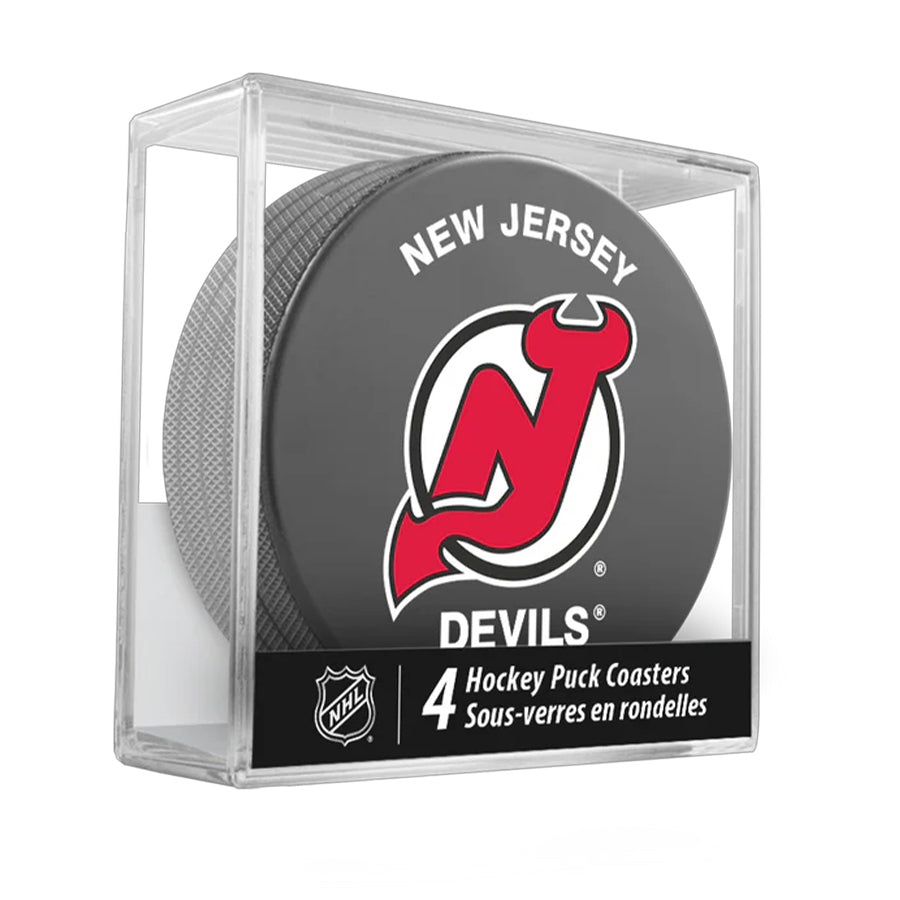 New Jersey Devils Team Logo Hockey Puck Drink Coasters (4 Pack) product image 1, provided for visual reference and product