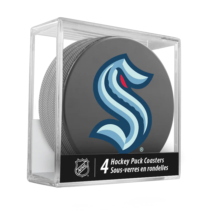 Seattle Kraken Team Logo Hockey Puck Drink Coasters (4 Pack) product image 1, provided for visual reference and product