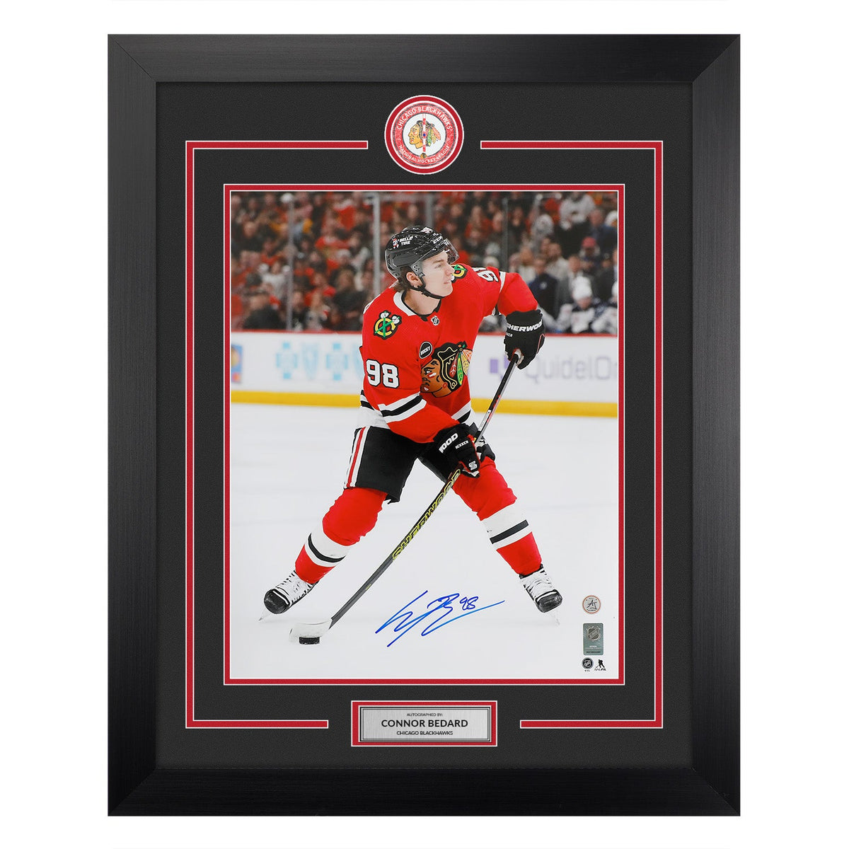 Connor Bedard Autographed Chicago Blackhawks Goal Sniper 26x32 Frame product image 1, provided for visual reference and