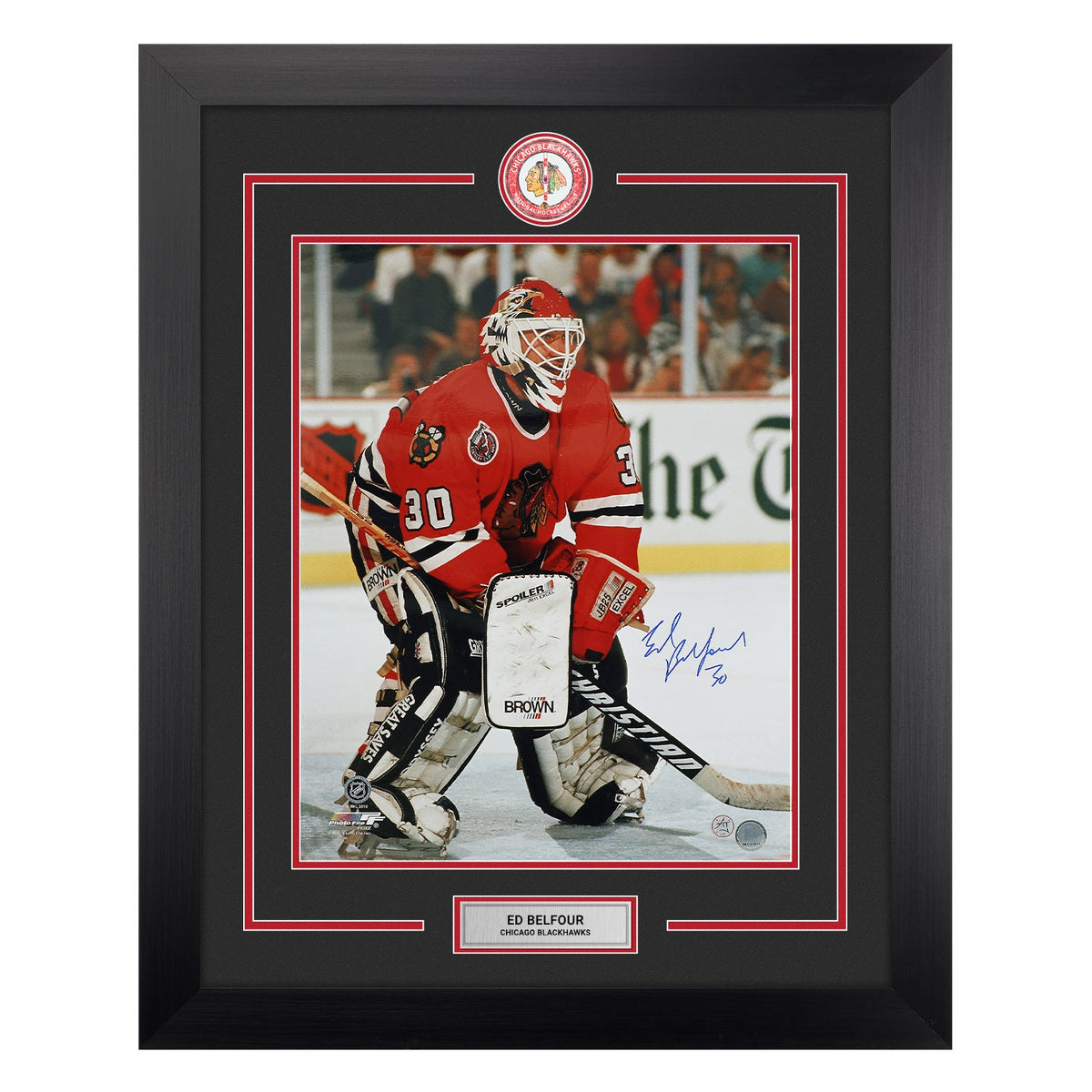 Ed Belfour Signed Chicago Blackhawks Centre Ice Logo 26x32 Frame product image 1, provided for visual reference and product