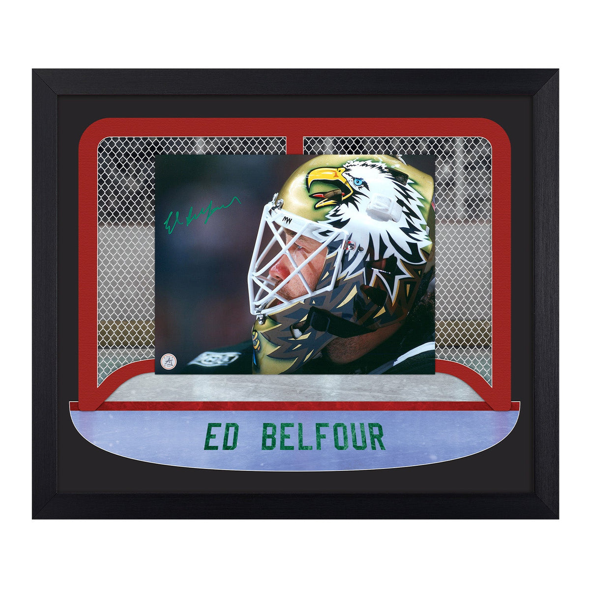 Ed Belfour Autographed Dallas Goalie Mask Between The Pipes 23x27 Frame product image 1, provided for visual reference and