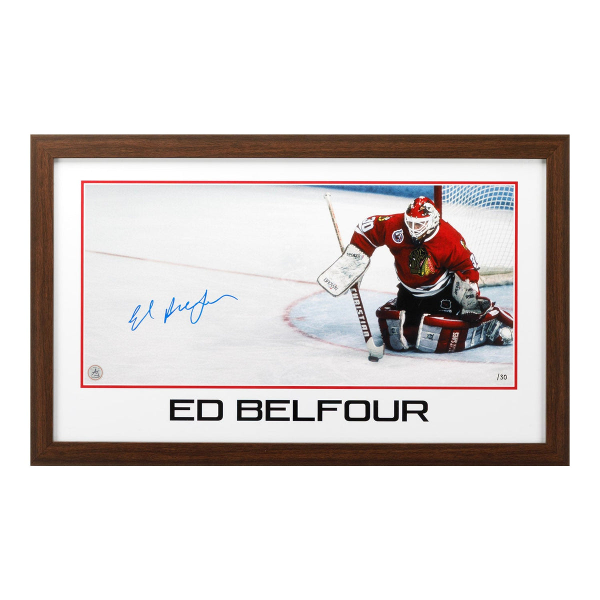 Ed Belfour Chicago Blackhawks Prominent Signature 16x26 Frame #/30 product image 1, provided for visual reference and