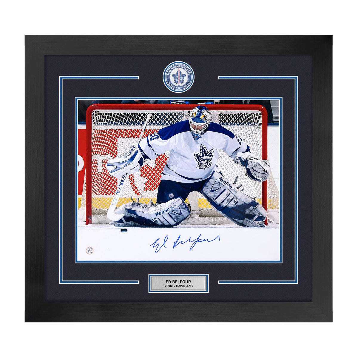Ed Belfour Autographed Toronto Maple Leafs Centre Ice Logo 28x30 Frame product image 1, provided for visual reference and