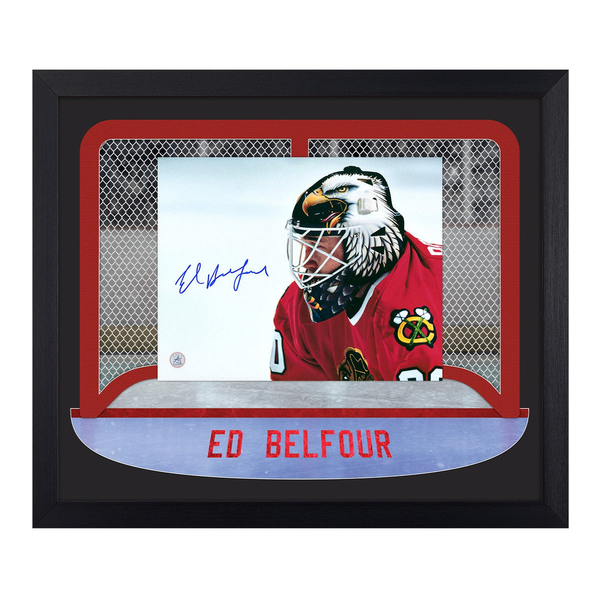 Ed Belfour Autographed Chicago Goalie Mask Between The Pipes 23x27 Frame product image 1, provided for visual reference and