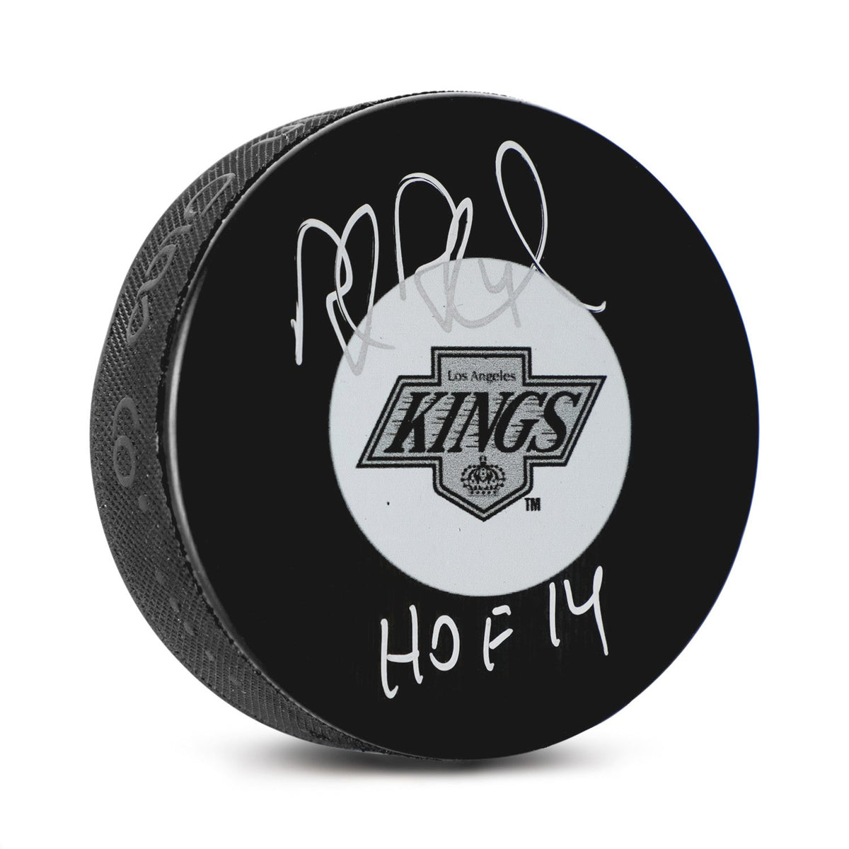 Rob Blake Signed Los Angeles Kings Vintage Logo Puck with HOF Note product image 1, provided for visual reference and