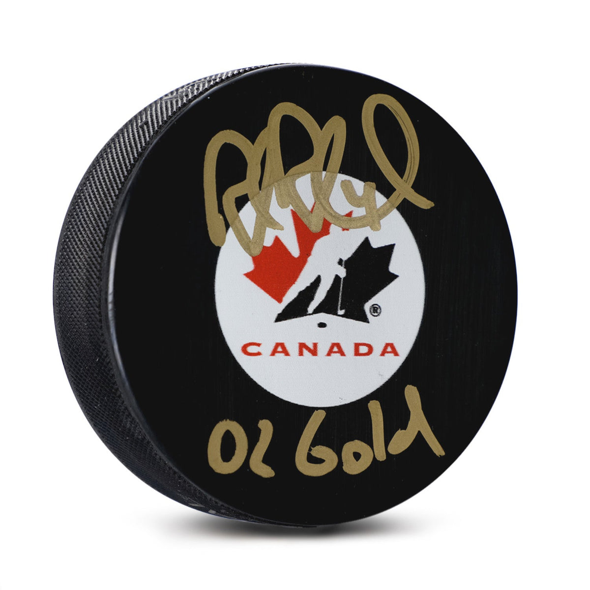 Rob Blake Team Canada Signed Hockey Canada Puck with 02 Gold Note product image 1, provided for visual reference and product