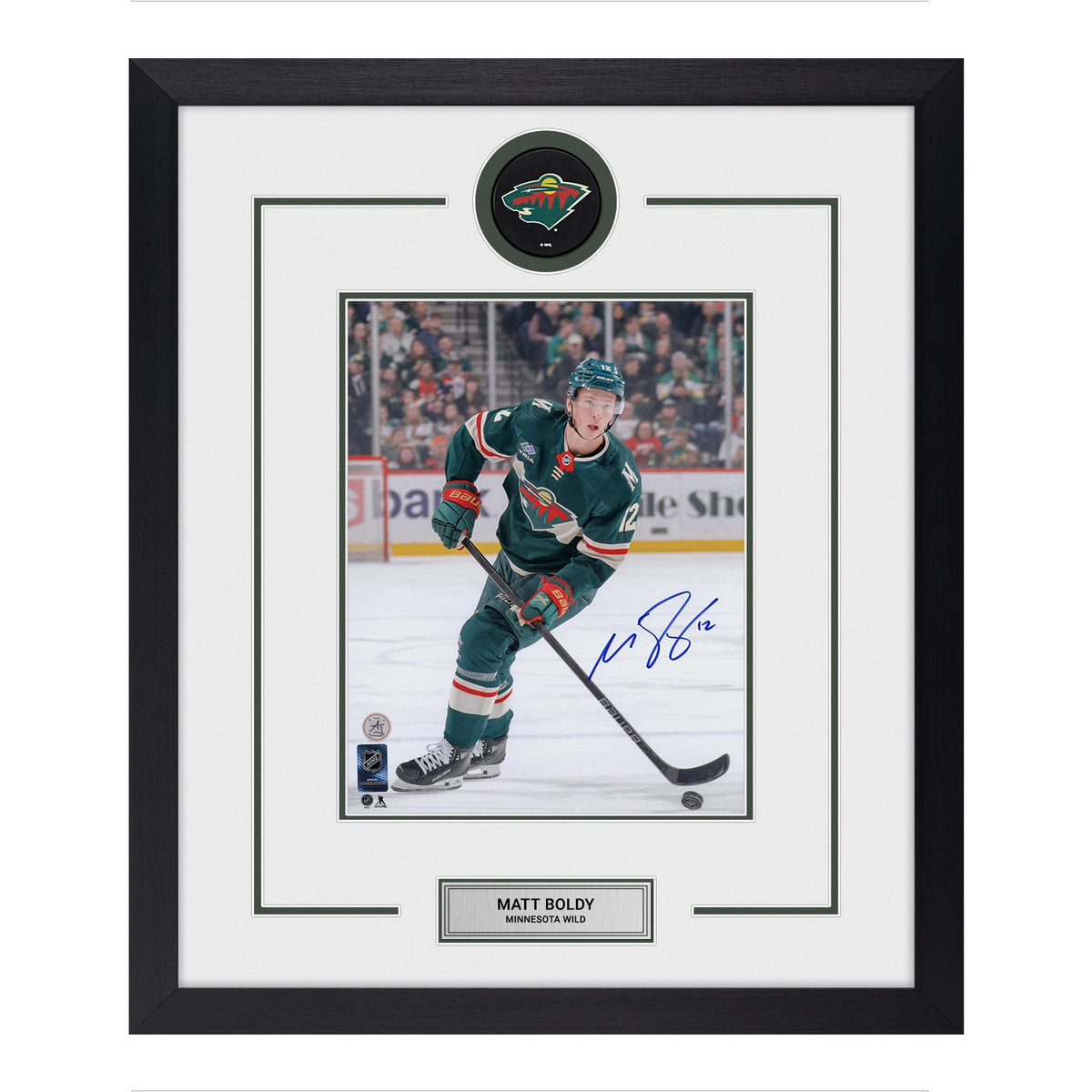 Matt Boldy Autographed Minnesota Wild Puck Logo 23x27 Frame product image 1, provided for visual reference and product