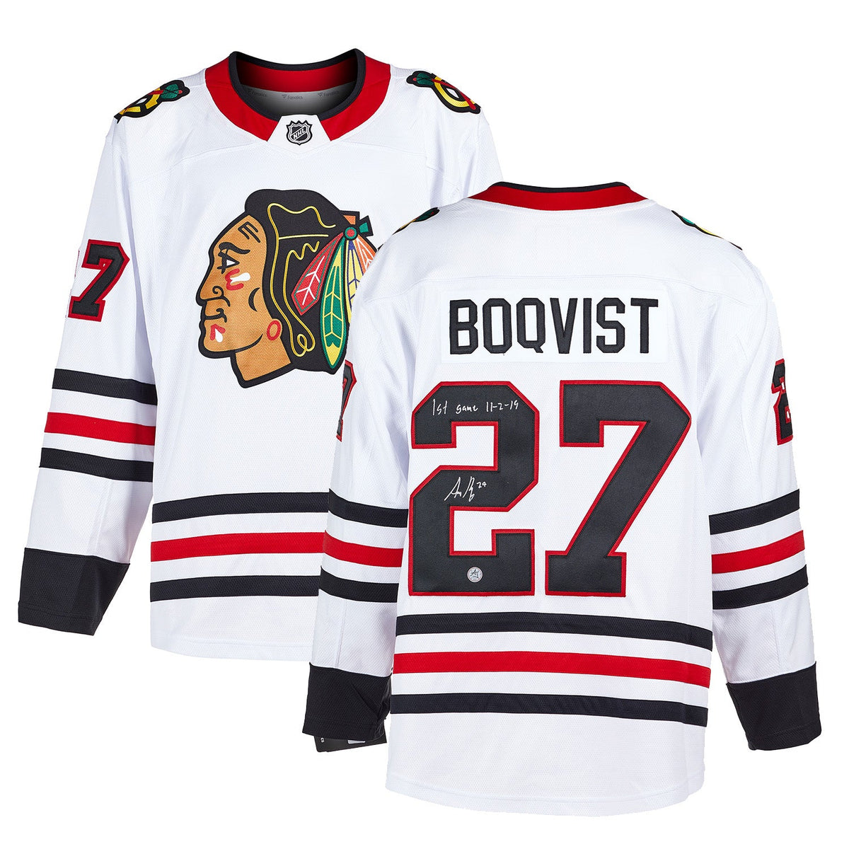 Adam Boqvist Chicago Blackhawks Signed & Dated 1st Game Fanatics Jersey product image 3, provided for visual reference and