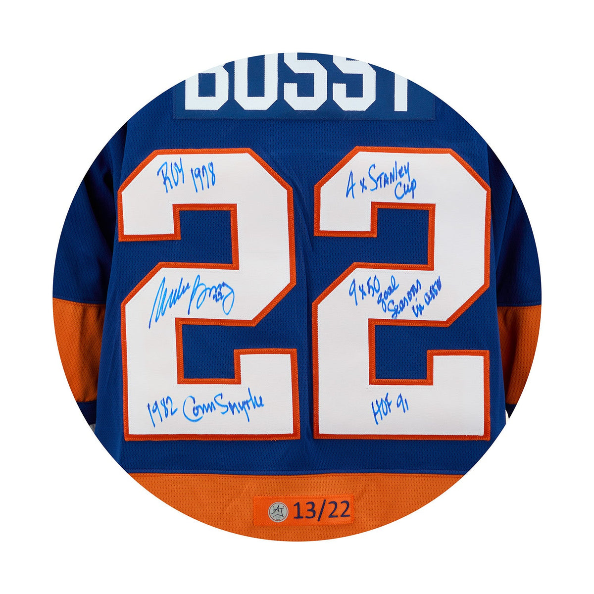 Mike Bossy New York Islanders Signed & Inscribed Stats Breakaway Jersey #13/22 product image 3, provided for visual