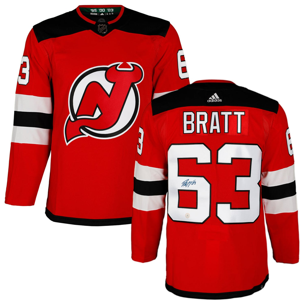 Jesper Bratt Autographed New Jersey Devils Red adidas Jersey product image 3, provided for visual reference and product