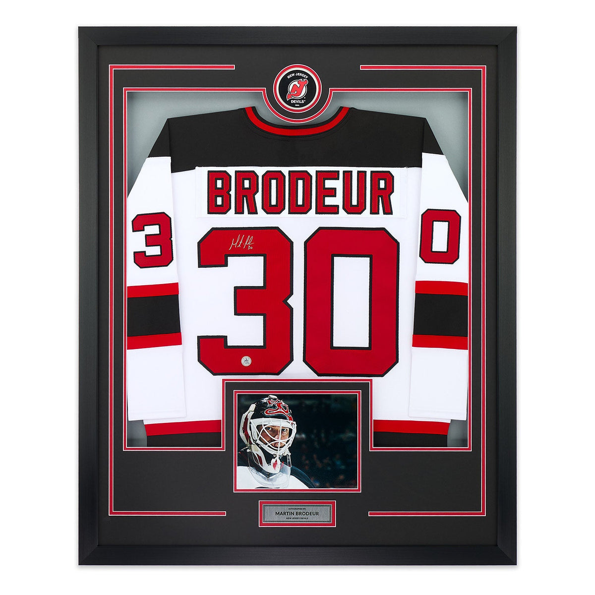 Martin Brodeur Signed New Jersey Devils Puck Logo 36x44 Jersey Frame product image 1, provided for visual reference and