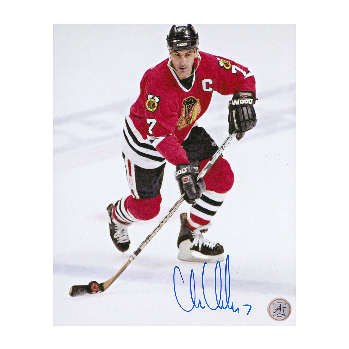 Chris Chelios Autographed Chicago Blackhawks Captain 8x10 Photo product image 1, provided for visual reference and product