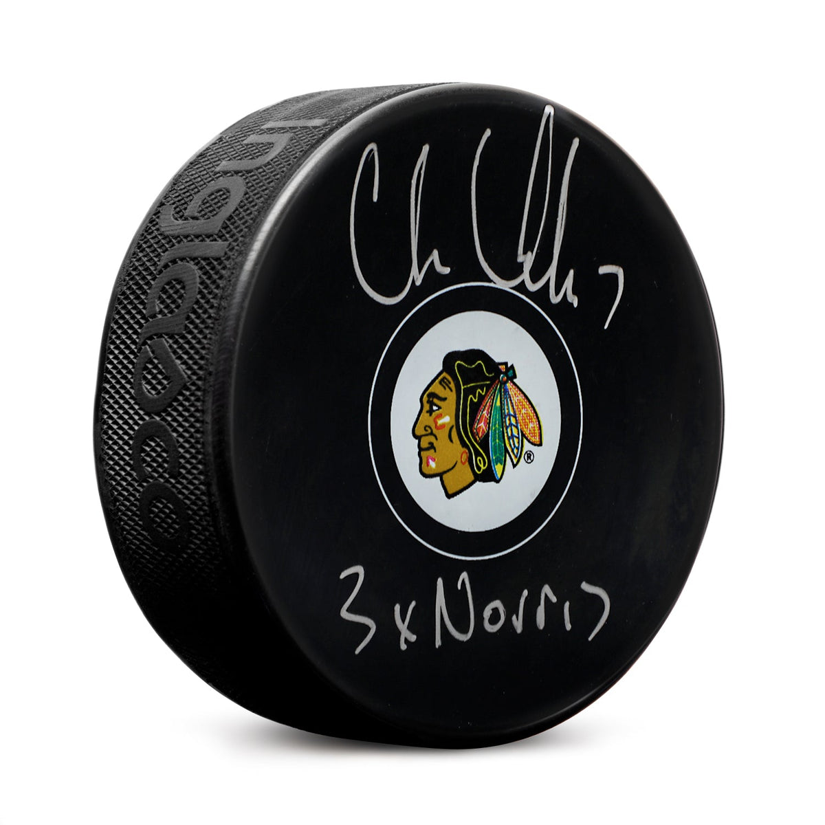 Chris Chelios Signed Chicago Blackhawks Hockey Puck with 3x Norris Note product image 1, provided for visual reference and