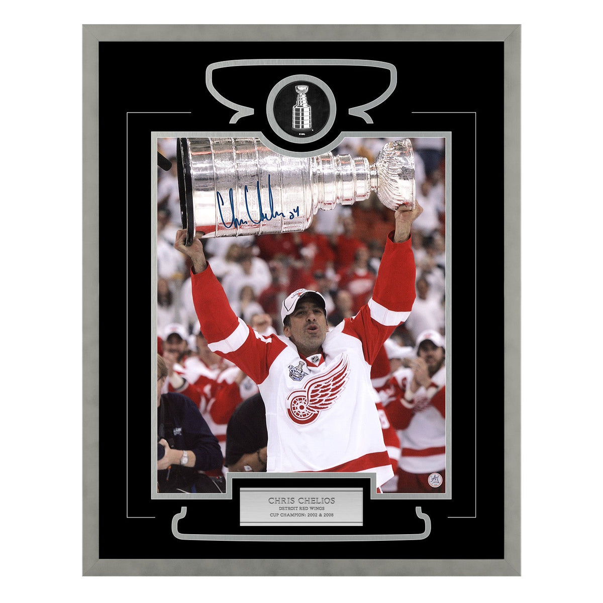 Chris Chelios Signed Detroit Red Wings Cup Champion 26x32 Frame product image 1, provided for visual reference and product