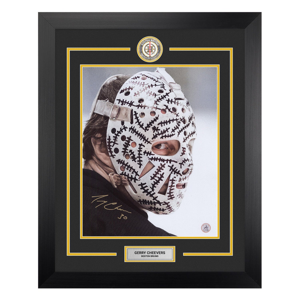 Gerry Cheevers Autographed Boston Bruins Centre Ice Pog Logo 26x32 Frame product image 1, provided for visual reference and