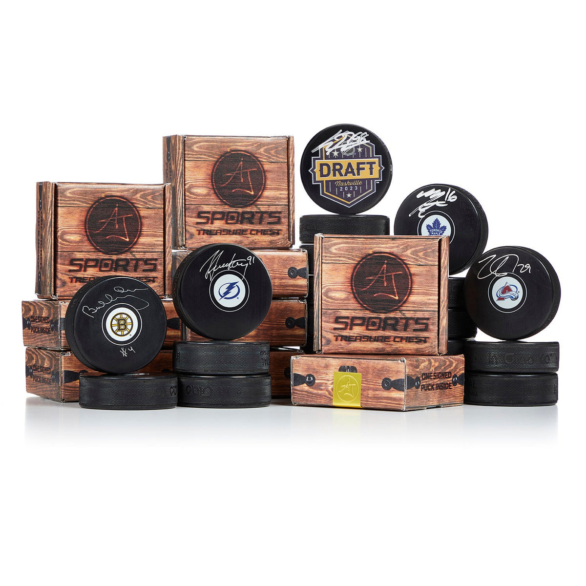 AJ Sports Hockey Stars vs Legends Signature Faceoff Puck Treasure Chest product image 1, provided for visual reference and