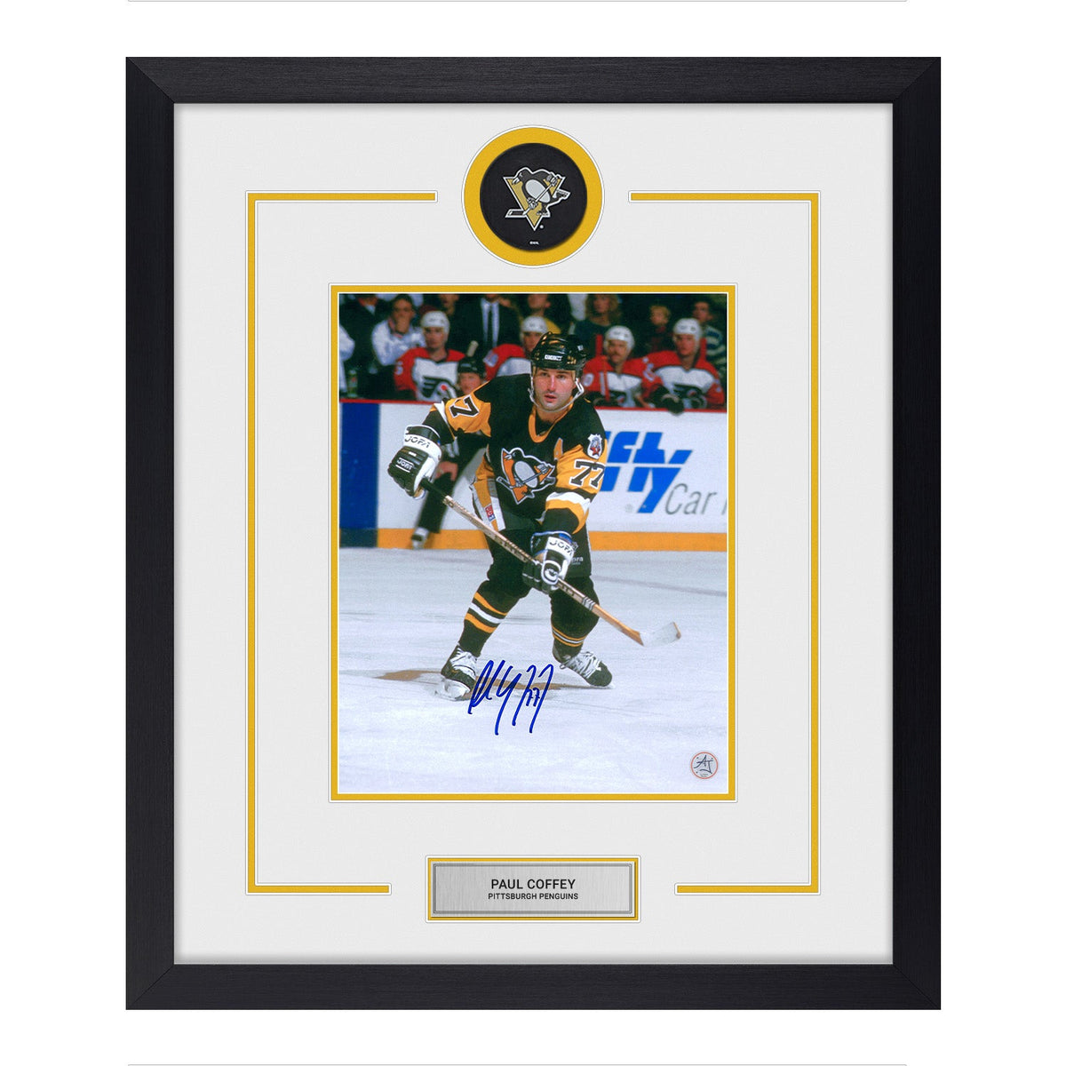 Paul Coffey Signed Pittsburgh Penguins Puck Logo 22x26 Frame product image 1, provided for visual reference and product