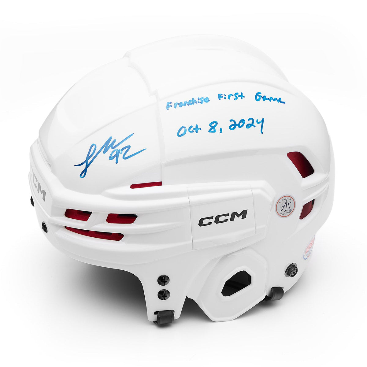 Logan Cooley Signed White CCM Hockey Helmet with Franchise First Game Note product image 1, provided for visual reference