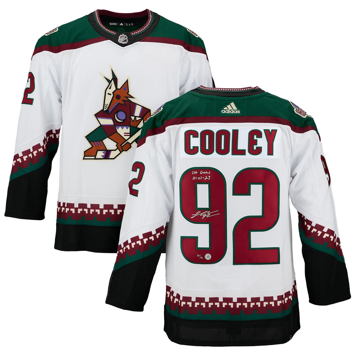 Logan Cooley Arizona Coyotes Signed & Dated 1st Goal adidas Jersey #/92 product image 3, provided for visual reference and
