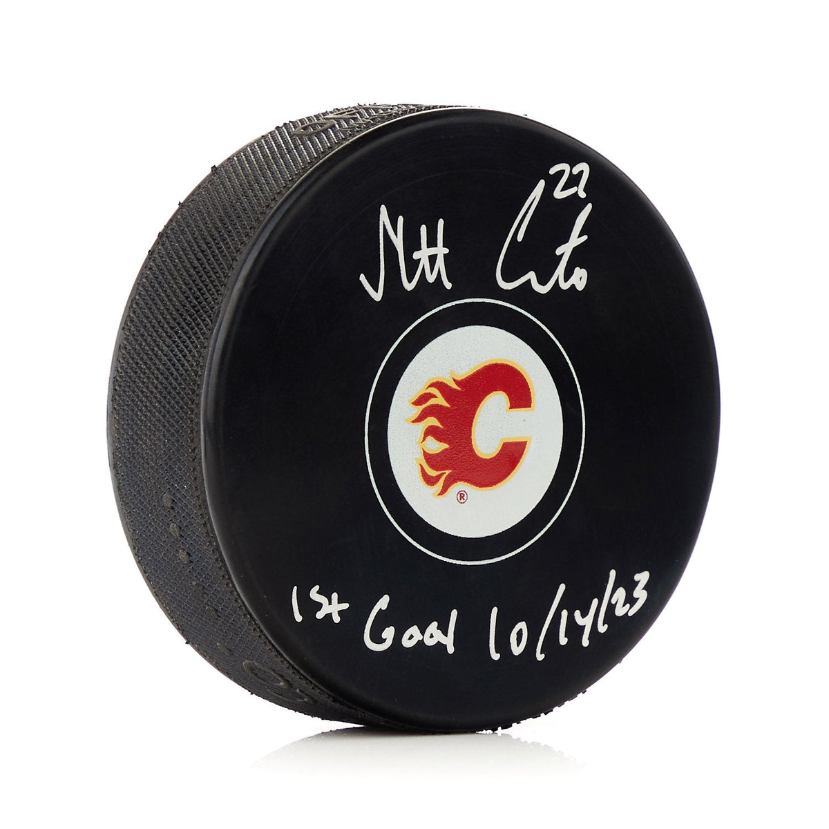 Matt Coronato Signed & Dated 1st Goal Calgary Flames Hockey Puck product image 1, provided for visual reference and product
