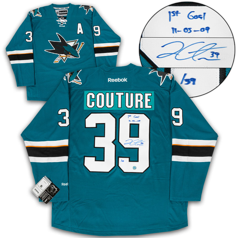 Logan Couture San Jose Sharks Signed & Dated 1st Goal Reebok Jersey #/39 product image 1, provided for visual reference and