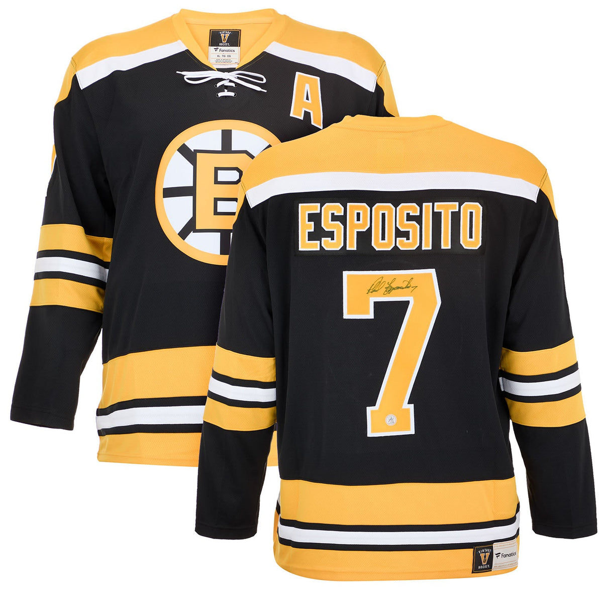 Phil Esposito Autographed Boston Bruins Fanatics Throwback Jersey product image 3, provided for visual reference and product