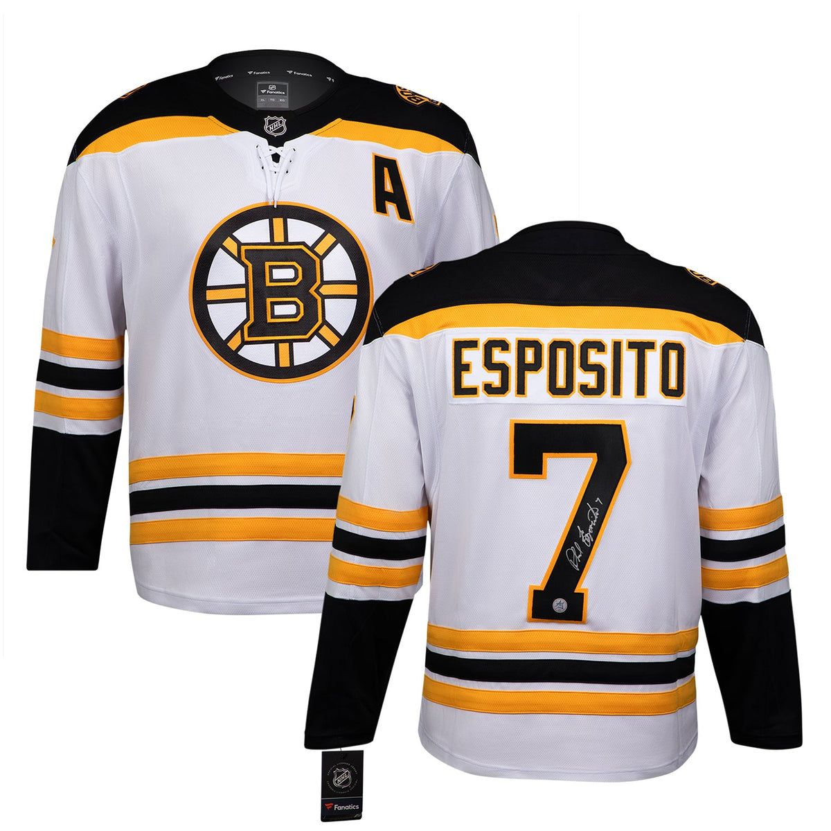 Phil Esposito Signed Boston Bruins White Fanatics Breakaway Jersey product image 3, provided for visual reference and