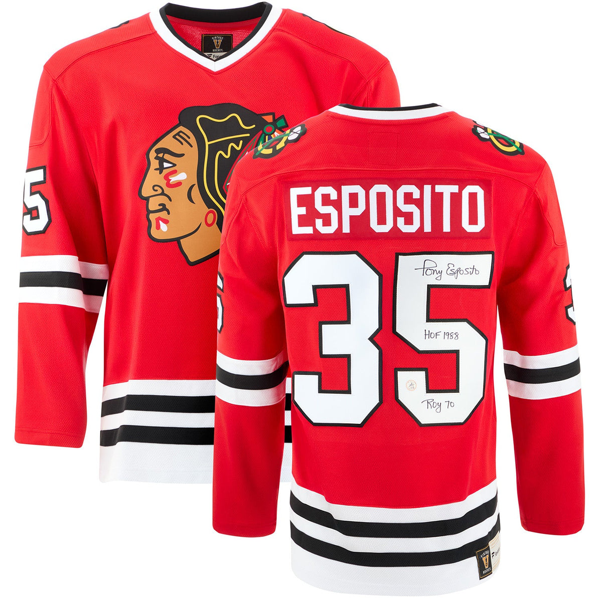 Tony Esposito Signed & Inscribed Chicago Blackhawks Fanatics Throwback Jersey product image 3, provided for visual reference