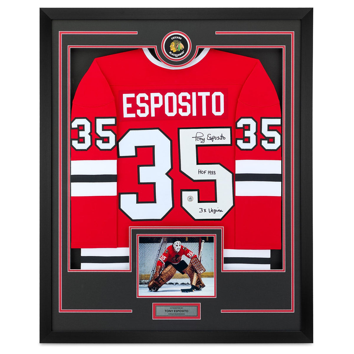 Tony Esposito Signed Chicago Blackhawks Puck Logo 36x44 Jersey Frame product image 1, provided for visual reference and