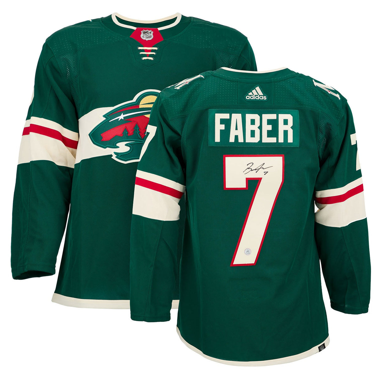 Brock Faber Autographed Minnesota Wild Green adidas Jersey product image 3, provided for visual reference and product detail