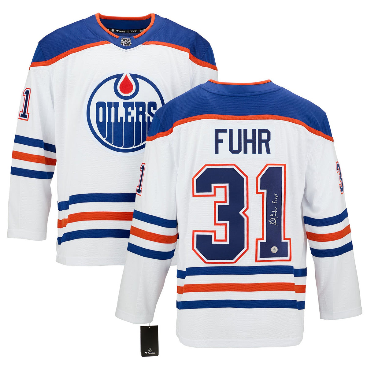 Grant Fuhr Signed & Inscribed Edmonton Oilers White Fanatics Breakaway Jersey product image 3, provided for visual reference
