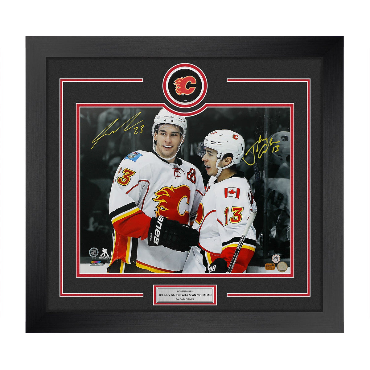 Johnny Gaudreau & Sean Monahan Dual Signed Calgary Flames Puck Logo 28x30 Frame product image 1, provided for visual