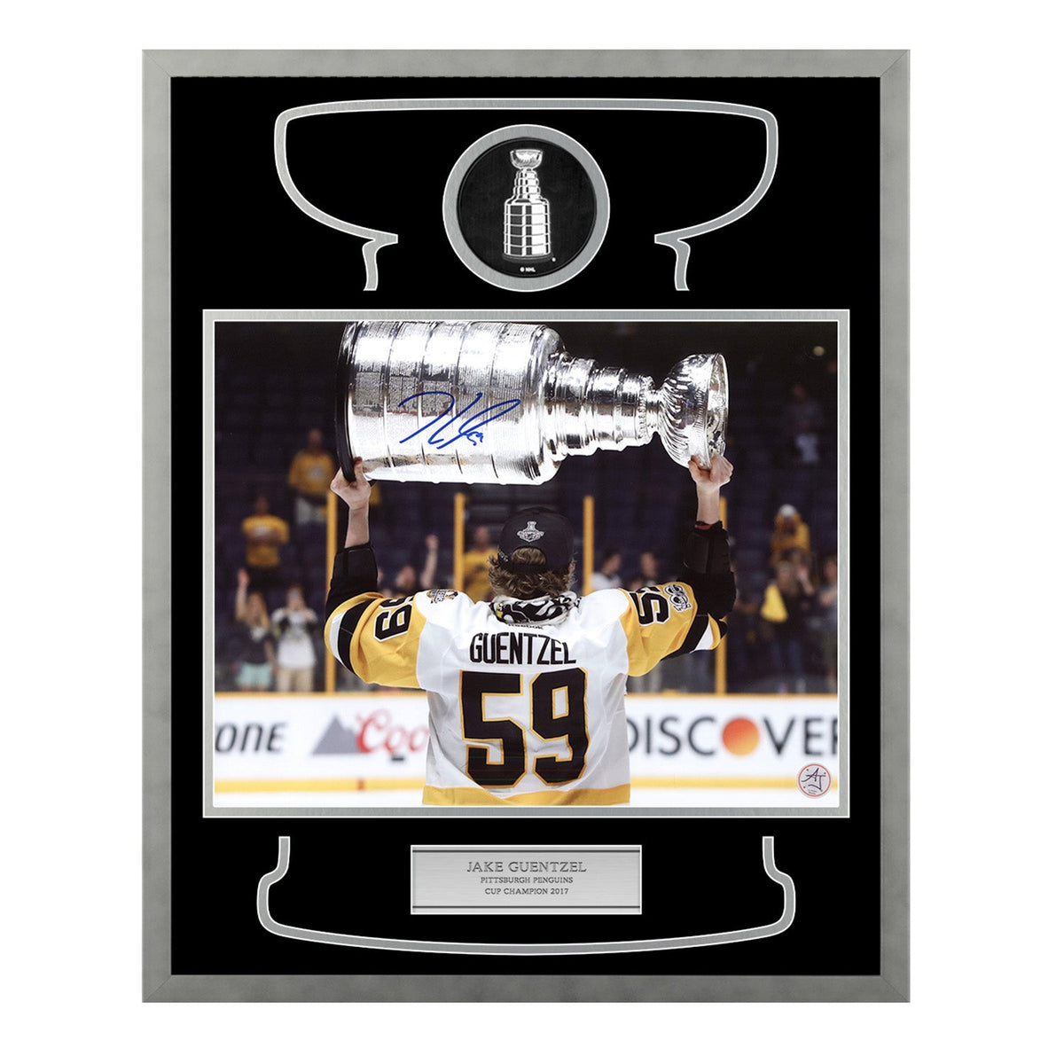 Jake Guentzel Autographed Pittsburgh Penguins Cup Champion 17x21 Frame product image 1, provided for visual reference and
