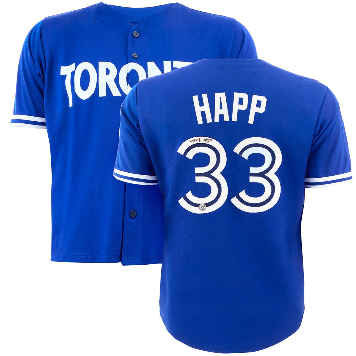 JA Happ Autographed Toronto City Design Blue Baseball Jersey product image 3, provided for visual reference and product