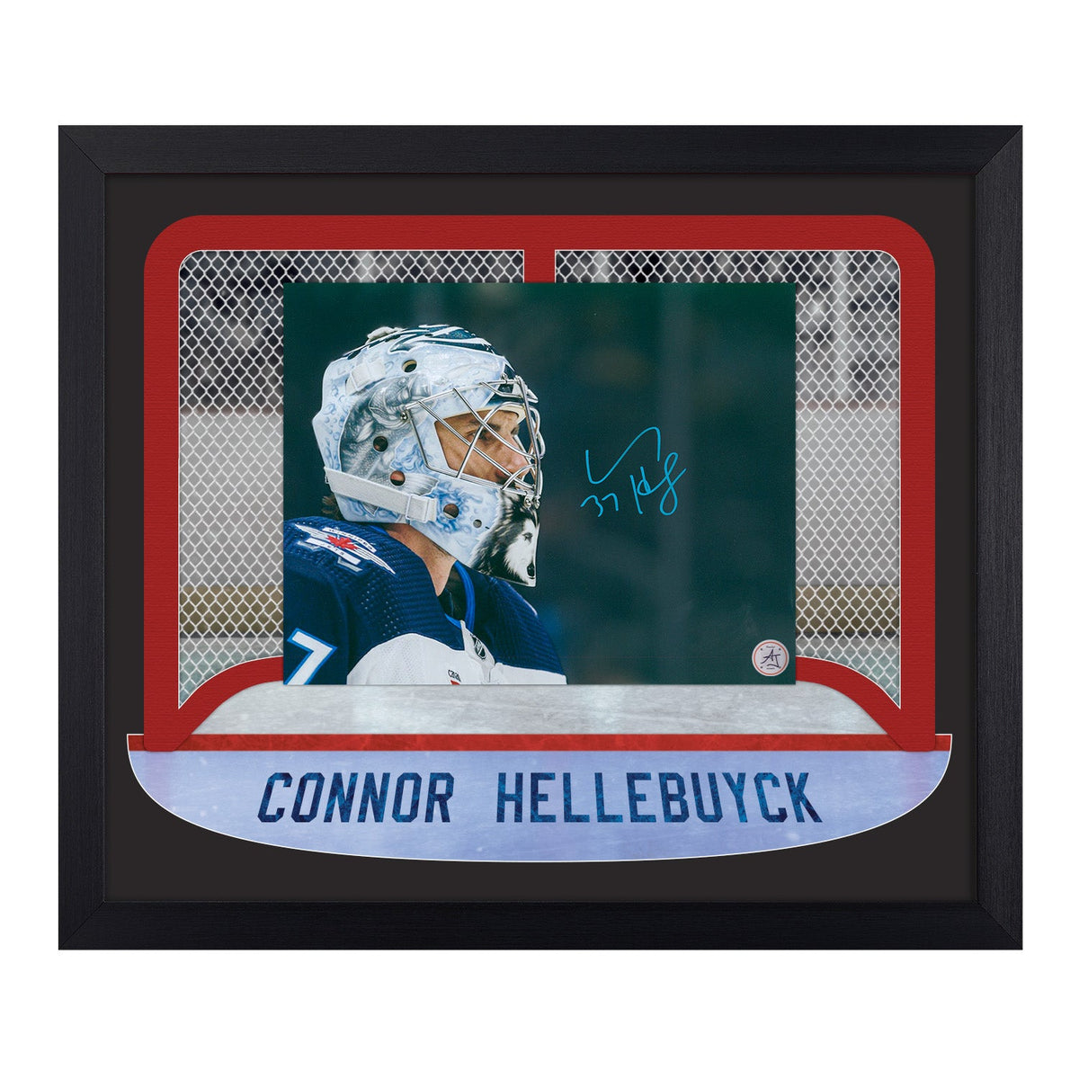 Connor Hellebuyck Signed Winnipeg Goalie Mask Between The Pipes 23x27 Frame product image 1, provided for visual reference