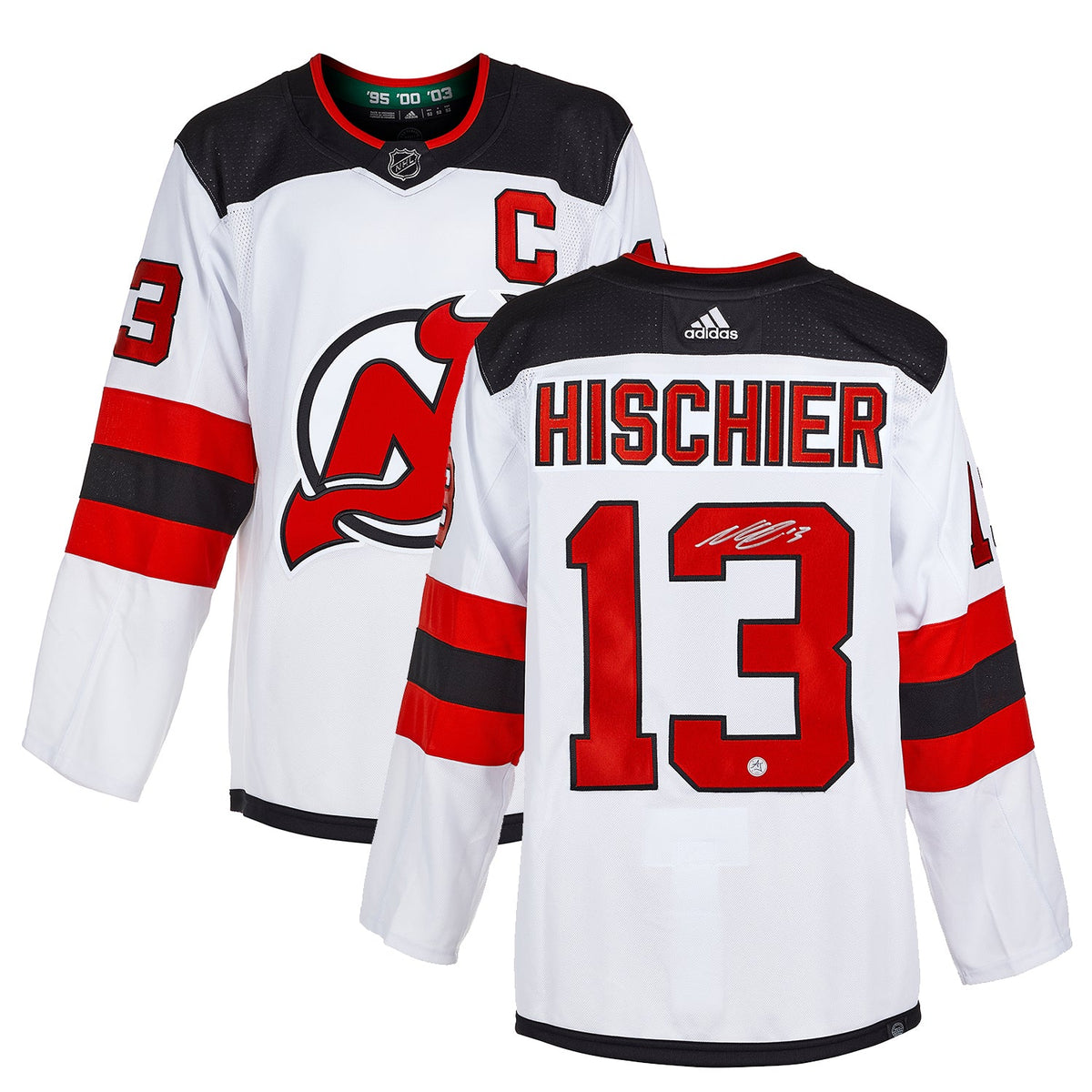 Nico Hischier Signed New Jersey Devils White adidas Jersey product image 3, provided for visual reference and product detail