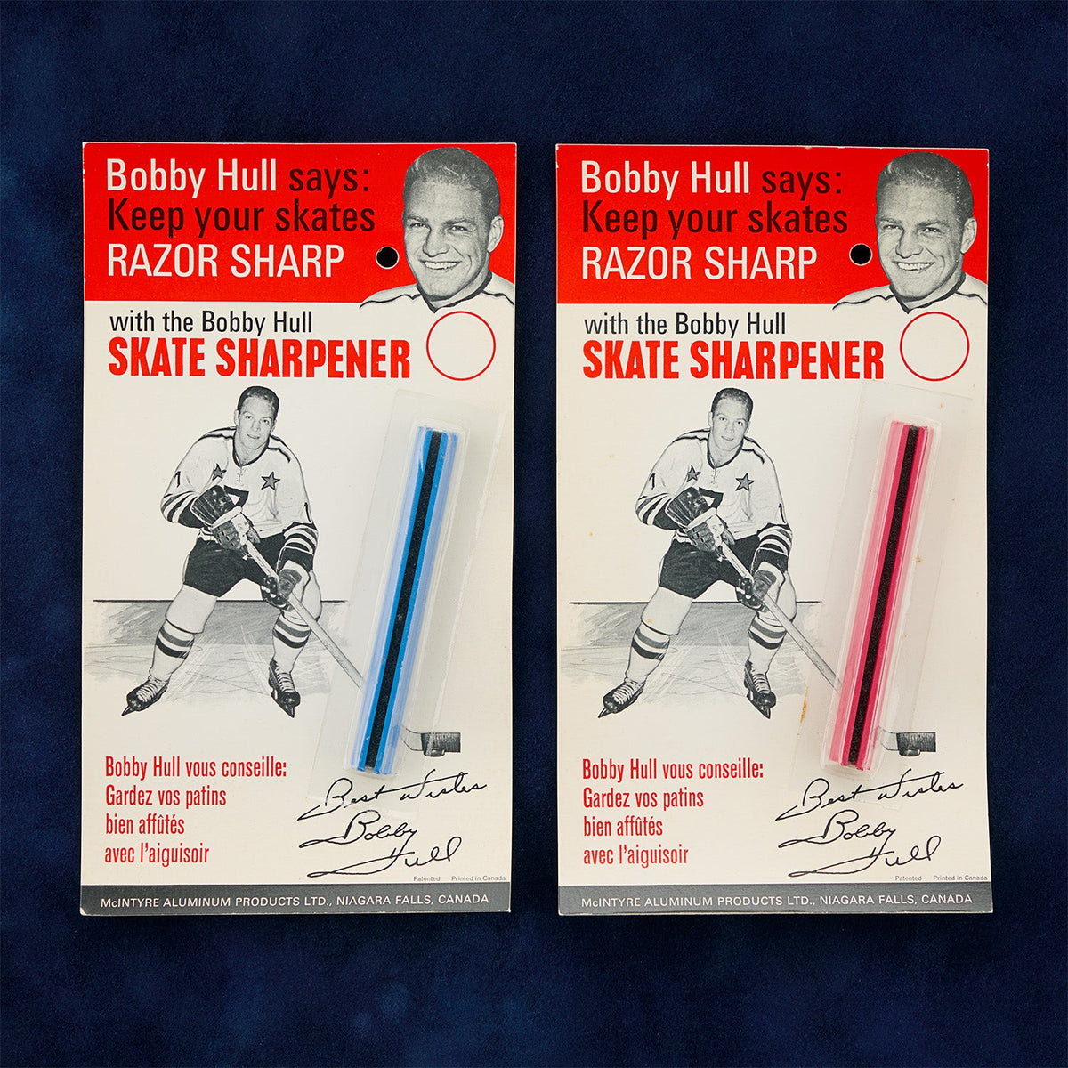 Lot of 2 Bobby Hull 1969 Vintage Blue & Red Skate Sharpeners product image 1, provided for visual reference and product