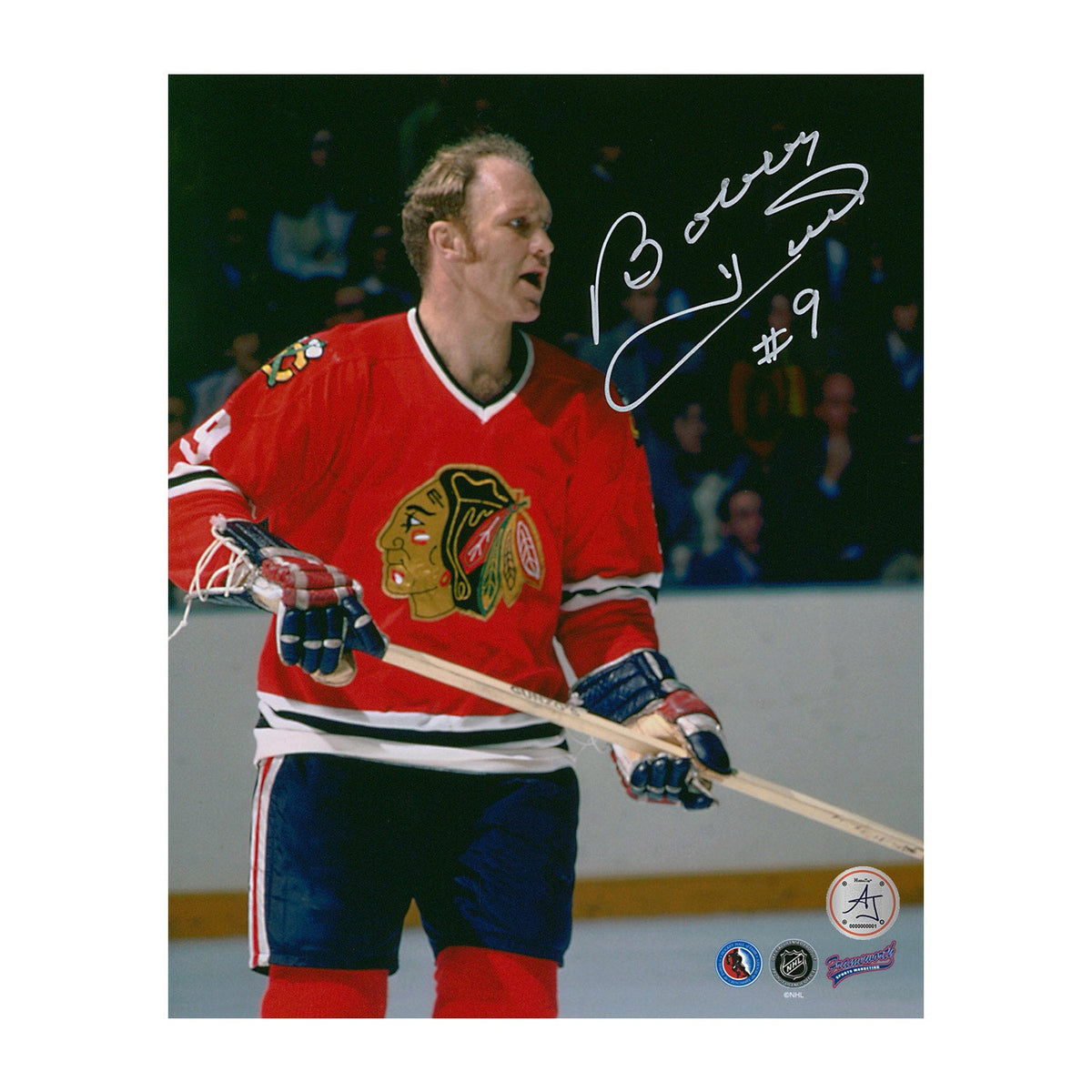 Bobby Hull Autographed Chicago Blackhawks Half Body Portrait 8x10 Photo product image 1, provided for visual reference and