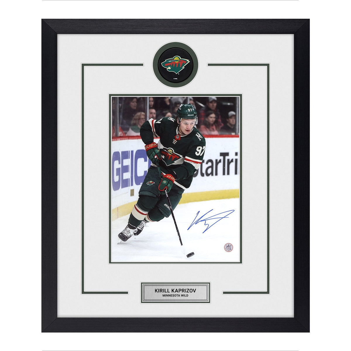 Kirill Kaprizov Autographed Minnesota Wild Puck Logo 23x27 Frame product image 1, provided for visual reference and product