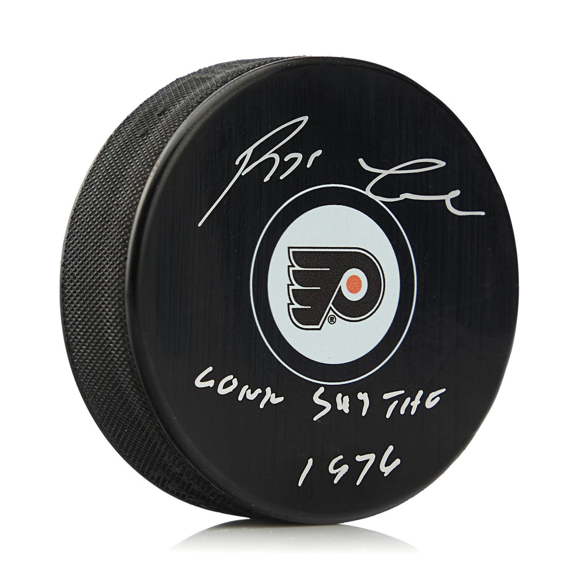 Reggie Leach Signed Philadelphia Flyers Hockey Puck with 76 Conn Smythe Note product image 1, provided for visual reference
