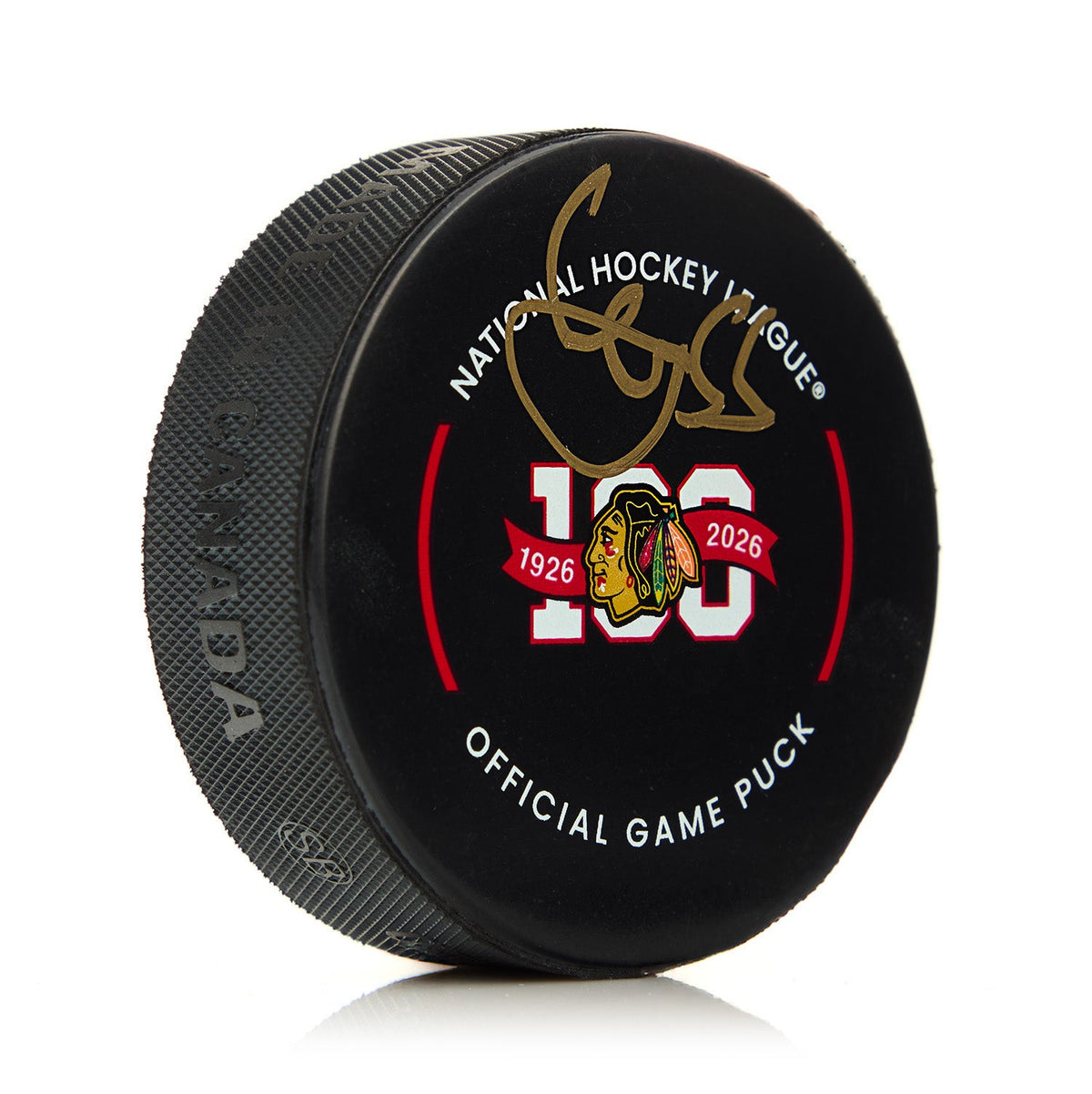 Artyom Levshunov Signed Chicago Blackhawks 100 Year Centennial Season Puck product image 1, provided for visual reference