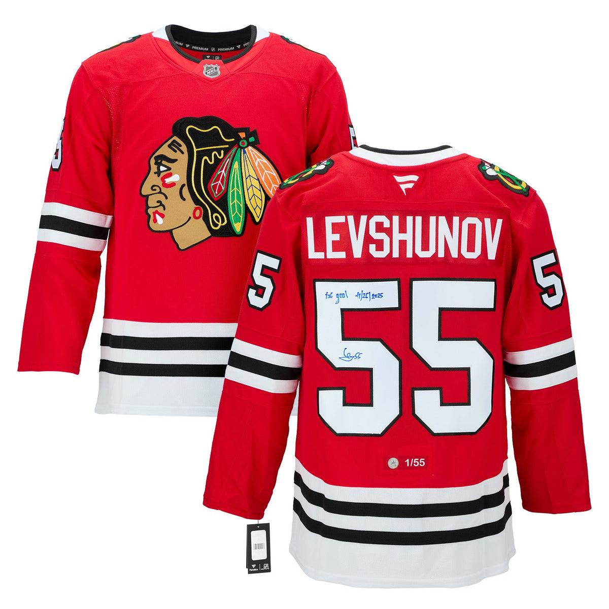 Artyom Levshunov Chicago Blackhawks Signed & Dated 1st Goal Jersey #/55 product image 3, provided for visual reference and