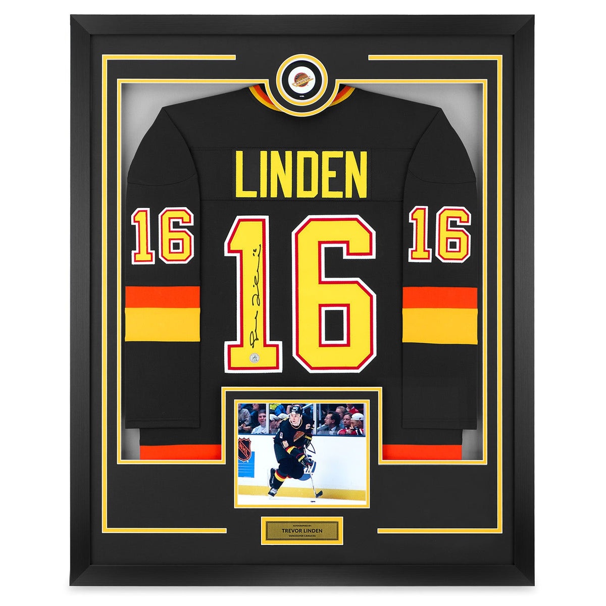 Trevor Linden Signed Vancouver Canucks Puck Logo 36x44 Jersey Frame product image 1, provided for visual reference and