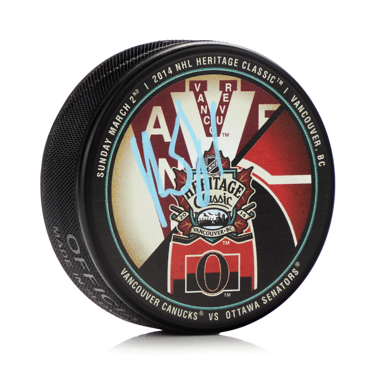 Roberto Luongo Signed Vancouver Canucks 2014 Heritage Classic Souvenir Puck product image 1, provided for visual reference