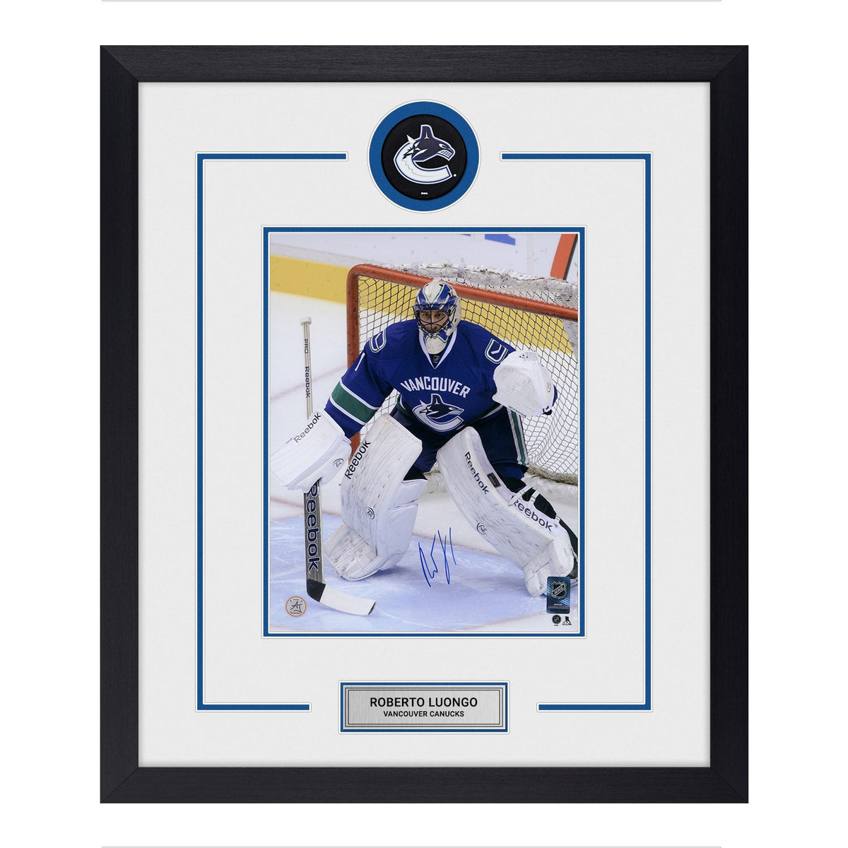 Roberto Luongo Autographed Vancouver Canucks Puck Logo 23x27 Frame product image 1, provided for visual reference and